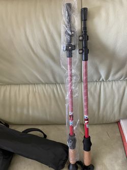 New hiking poles, made of carbon fiber, extremely lightweight, $25 per pair. Available in green, red and blue.