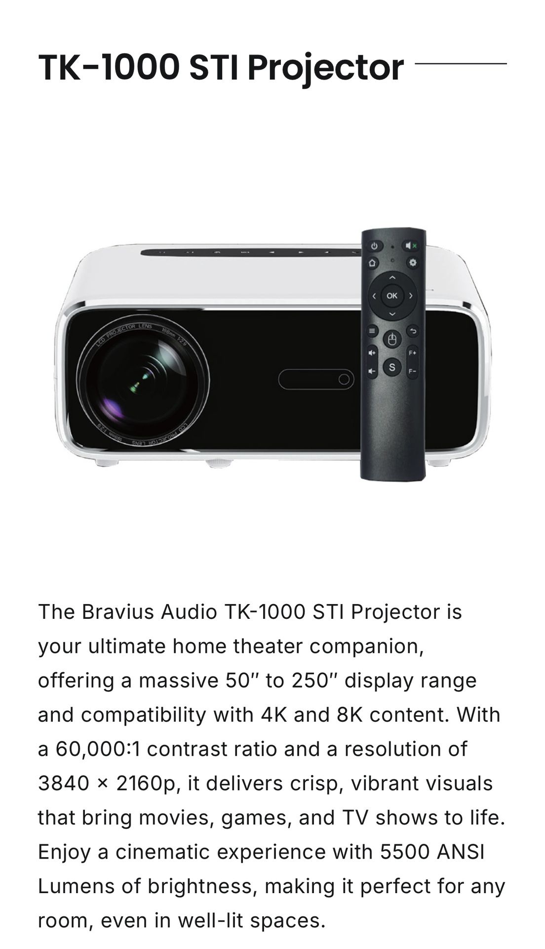 Bravuis 8k Projector With Motorized Screen