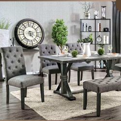 Rustic Dining Table Set - Fabric Dining Chairs 