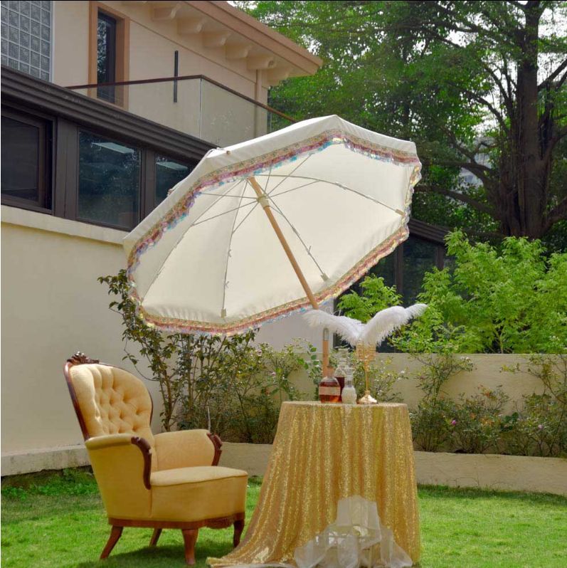 Jazz Age Fringe Umbrella Tilt Market Umbrella in Beige+Multicolor Sequin - Theme Decorative Patio Umbrella - Thanksgiving Sale