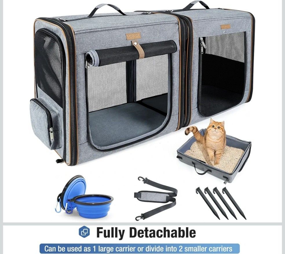 Lekereise 2-in-1 Cat Travel Carrier with Litter Box, (17.7" x2) x16.5"x13" Large Cat Carrier with Zipper Locks for Moving Across The Country (No Hammo