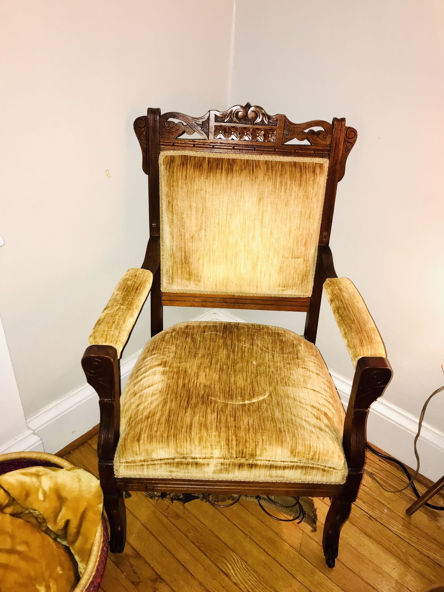 Stunning Mustard Colored Vintage Velvet Accent Chair With Ornate Woodwork