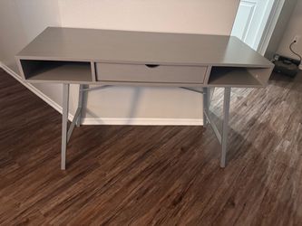 Gray Writing Desk with Drawer and Side Shelves