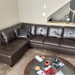Brown Leather Sectional Couch Set And Ottoma