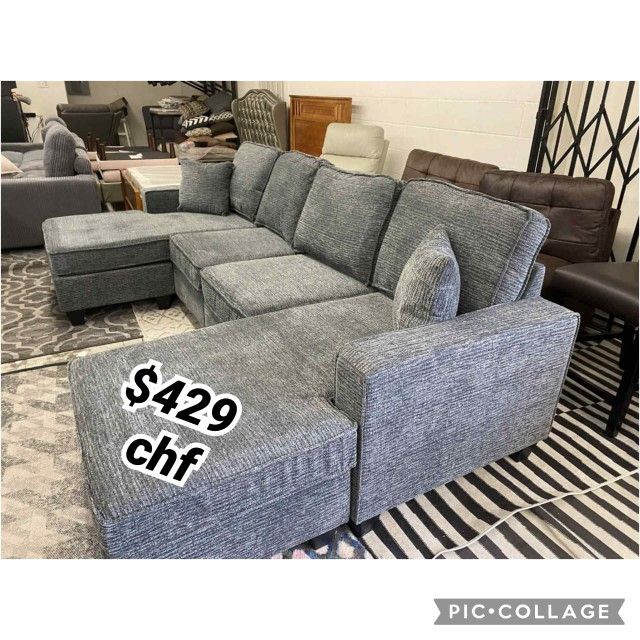 Slate Gray Chenille Living Room Double Chaise Sectional Sofa