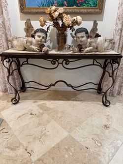 Thomasville Leather Wrapped Glass And Iron Console Table