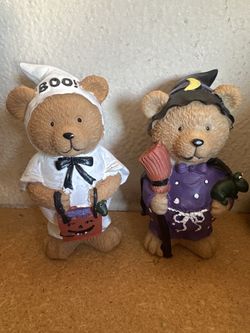 Halloween Decorations – Set of 2 Costumed Teddy Bear Figurines, Ghost and Witch, 5 in