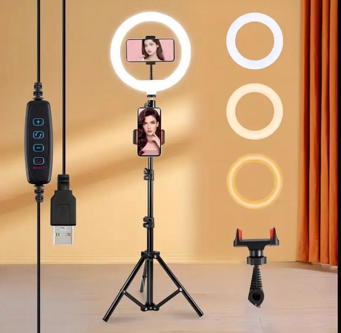 Selfie Desktop Ring Light with Phone Tripod Stand, Phone Mount, USB Remote