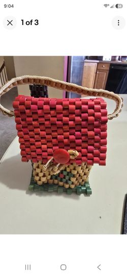 Vintage Japan Woven Wood Bead Handbag