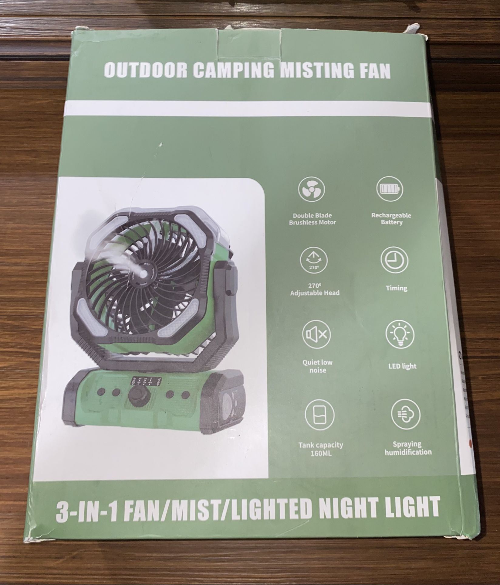 Outdoor Camping Fan + Humidifier + LED Light USB Rechargeable, Remote Control