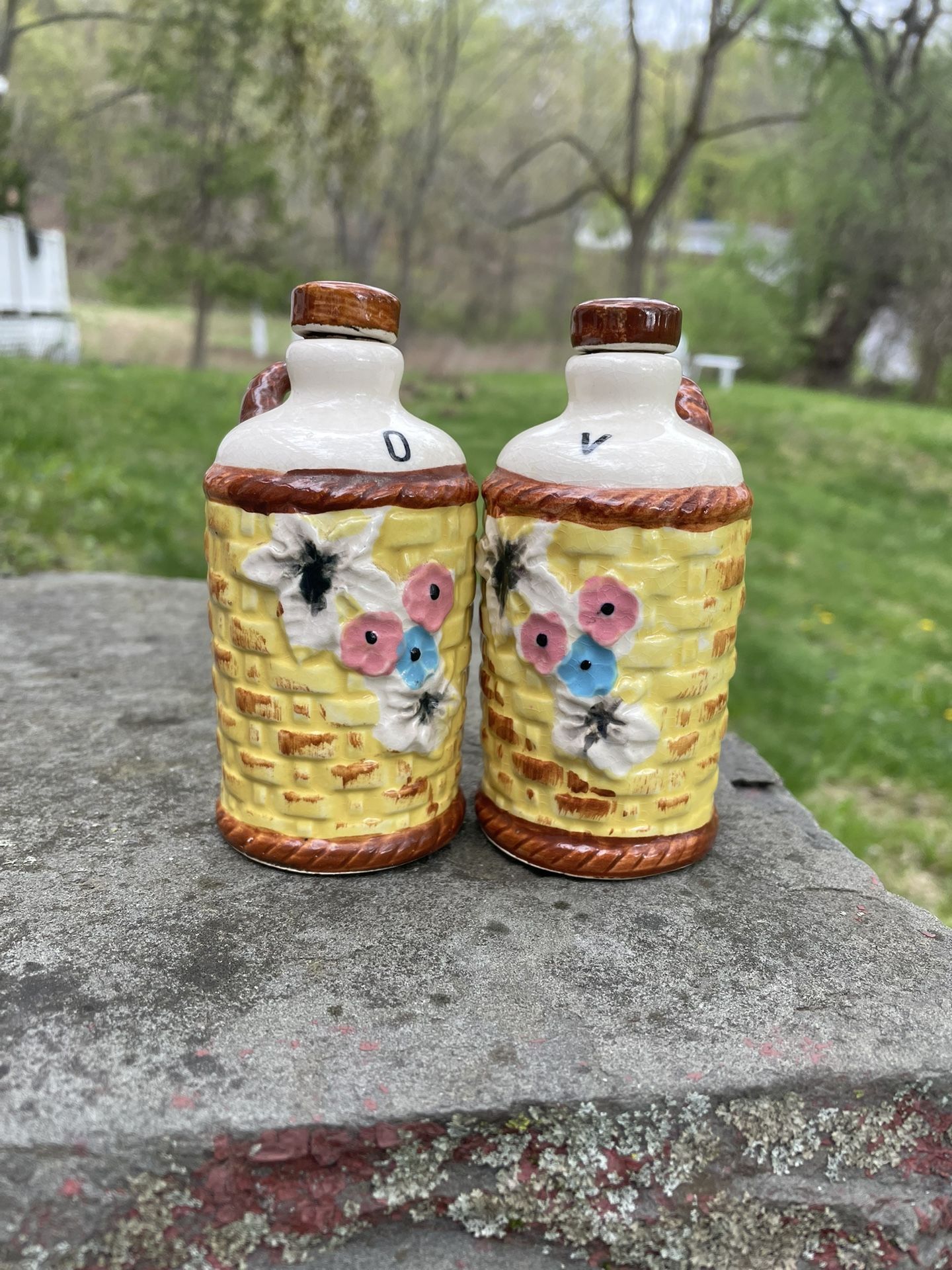 Vintage Oil & Vinegar Bottle Ceramic Basketweave Hand Painted Cruet Servers