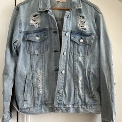 Pacsun Distressed Jean Trucker Jacket Women's Large Biker Light Wash Pockets