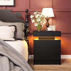 Night Stand with Charging Station, Modern Black Nightstand with LED Light and Drawers