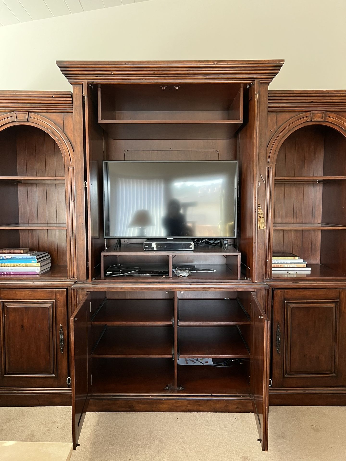 Wooden Entertainment Center And Chairs