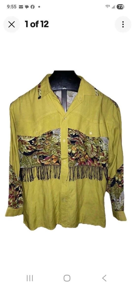 Vintage Maurizo Western Shirt Women Size medium Fringe Rayon Long Sleeve Cowgirl