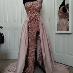 (S/M) Pink Sequin Leg Slit Prom Gown