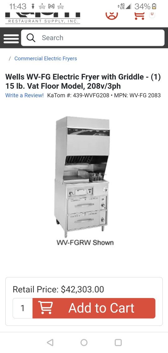 Wells Ventless Fryer Griddle Used