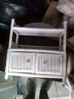 White Wicker Storage Shelf with Two Drawers
