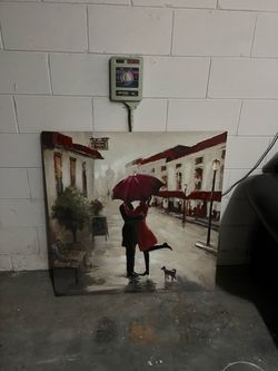 Romantic Couple in Rain Canvas Wall Art