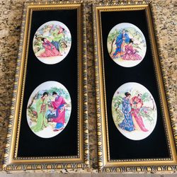 Asian Wall Art Porcelain On Velvet Framed Pair