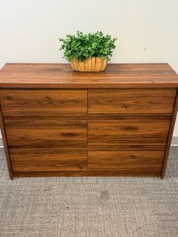 Assembled✨6 Drawers Walnut Dresser for Bedroom, 47.2" Wide Modern Chest of Drawers with 6 Large Storage Space with Curved Edge Design, Large Dresser f