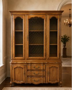 Like NEW Vintage China Cabinet HUTCH Lattice Glass & Curved Drawers