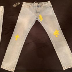 Yellow patch work chrome hearts denim jeans