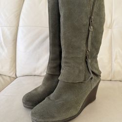 Women's Olive Suede Wedge Boots - Stylish Knee Boot