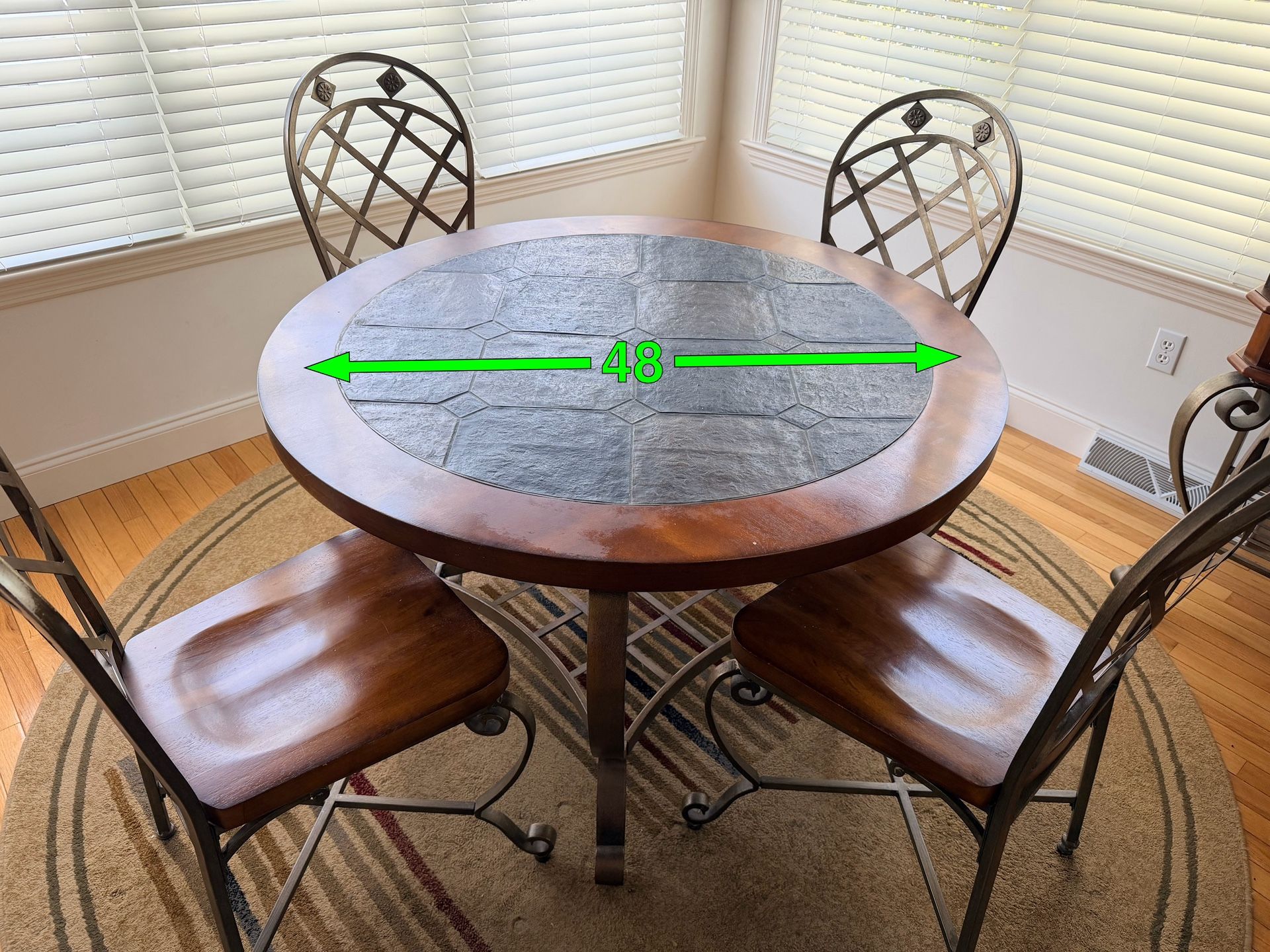 Wrought Iron, Slate Tiled And Wood Dining Table With 4 Chairs