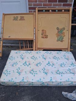 Vintage Wooden Baby Crib with Mattress and matching high chair