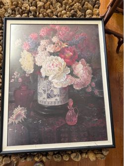 Vintage 1988 Glenna, Kurtz large floral steel life framed print