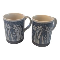Vintage 70s Set Of 2 Otagiri  Blue Textured Daffodils Coffee Tea Cups Mugs