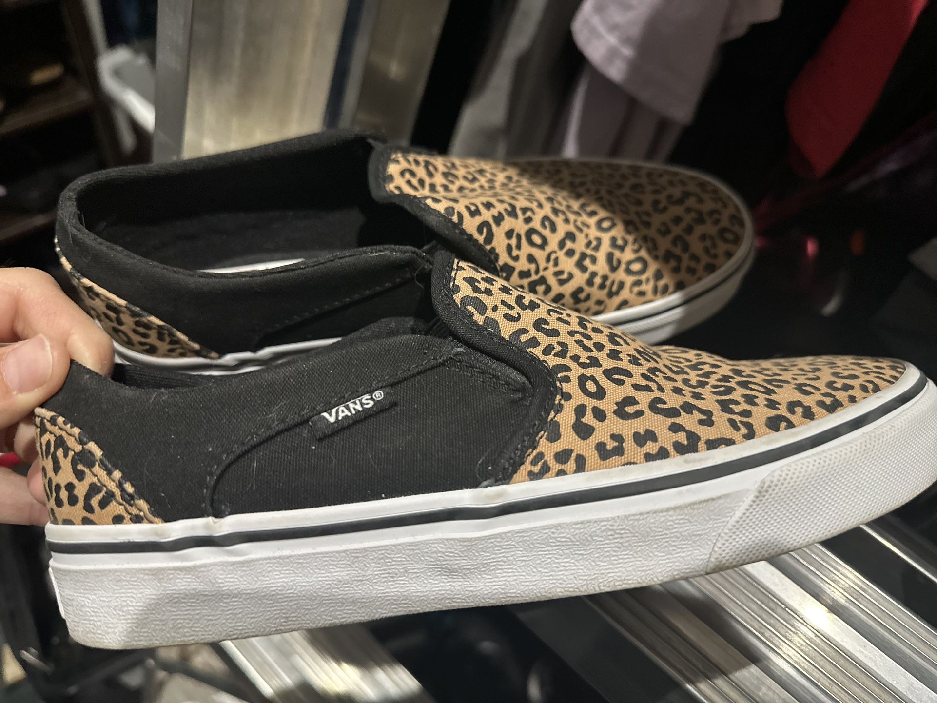 Slip On Vans Black And Leopard Pattern