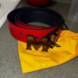 Men red and navy blue reversible MCM belt