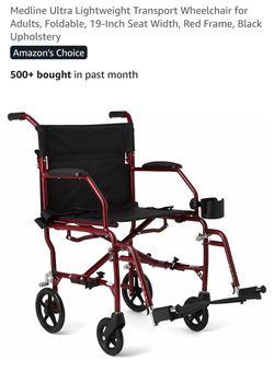 Medline Ultra Lightweight Transport Wheelchair for Adults, Foldable, 19-Inch Seat Width, Red Frame, Black Upholstery