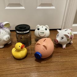 6 Kids Piggy Banks, 3 Ceramic, 1 Vintage Plastic Piggy,  2 Digital Counting Banks