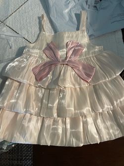 Girls Ivory Tiered Satin Dress with Pink Bow and flower crown for a baby  girl
