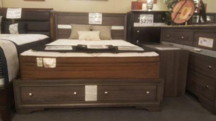Brand new gray queen storage bed frame, dresser, mirror, nightstand