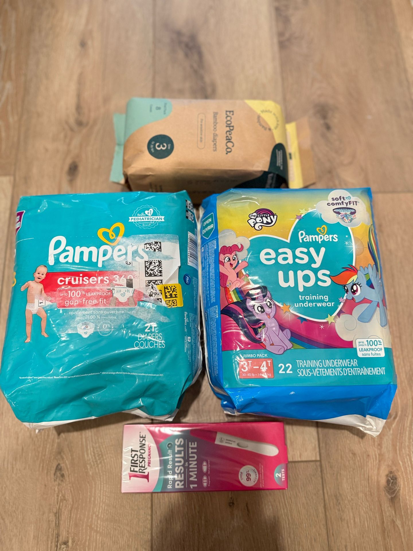 Bundle Of 4 Pampers Diapers Training Underwear, EcoPeaCo. Bamboo diapers, First Response Pregnancy Test