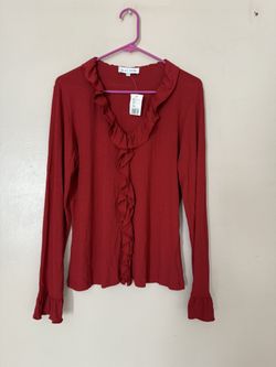 Red Harlow Top pullover blouse  L New with Tags Ruffled trim stretchy fabric