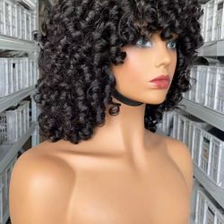 Super Double Drawn Machine Made Wigs Human Hair Wig With Bang Fumi Curly Hairstyles 300 Density Non Lace