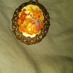Vintage Painted Courting Couple Oval Pendent 