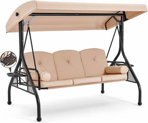 3 Seat Porch Swing with Adjustable Canopy, Patio Swing with Stand