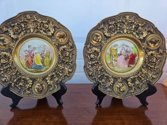 Pair of Ornate Gilt Decorative Plates with Porcelain Centers