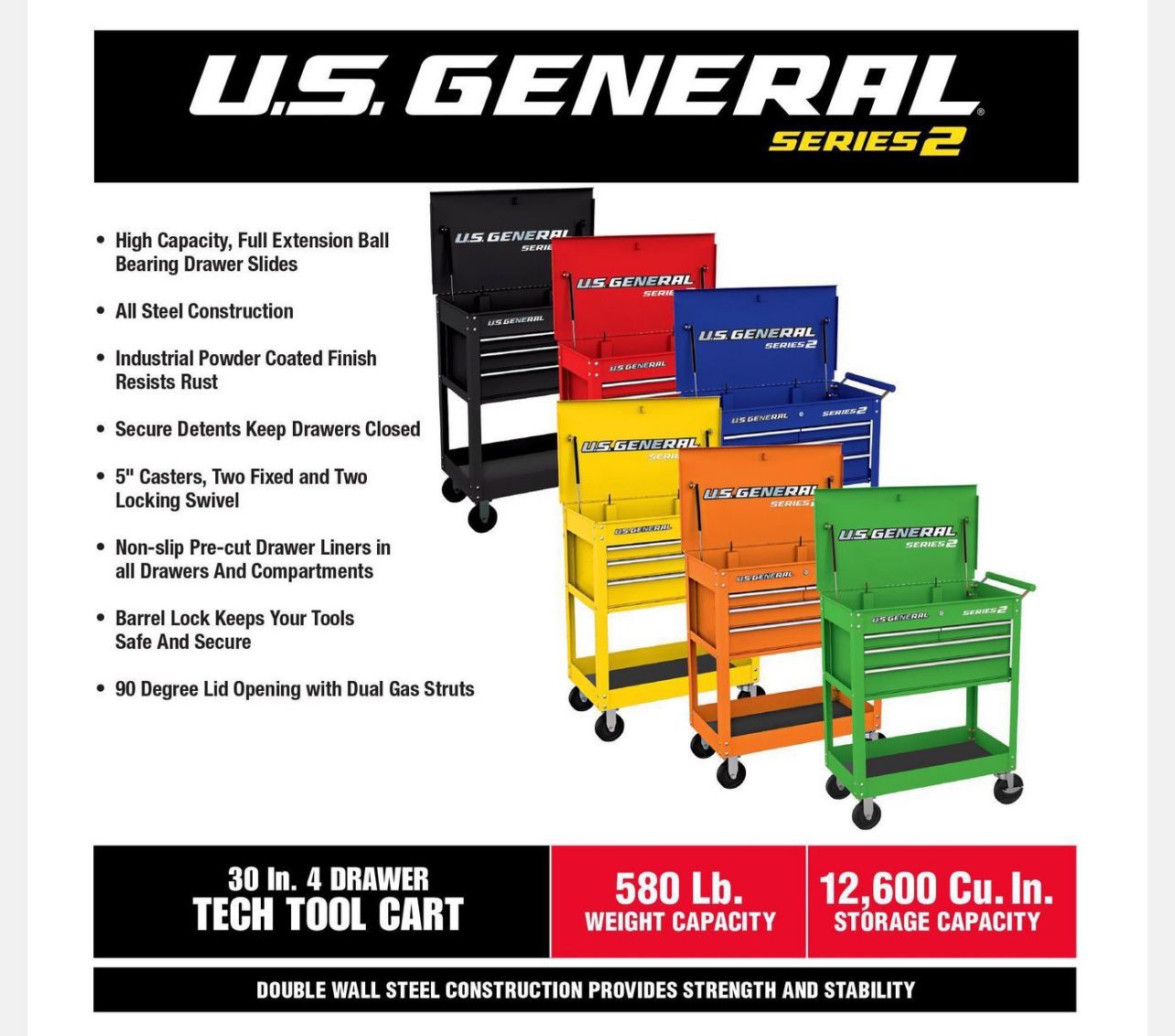 US General 4 Drawer Tech Cart, Black 