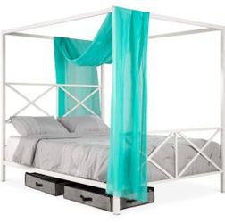 BEAUTIFUL 4-Post Queen Size Modern Metal Canopy Bed Frame, White