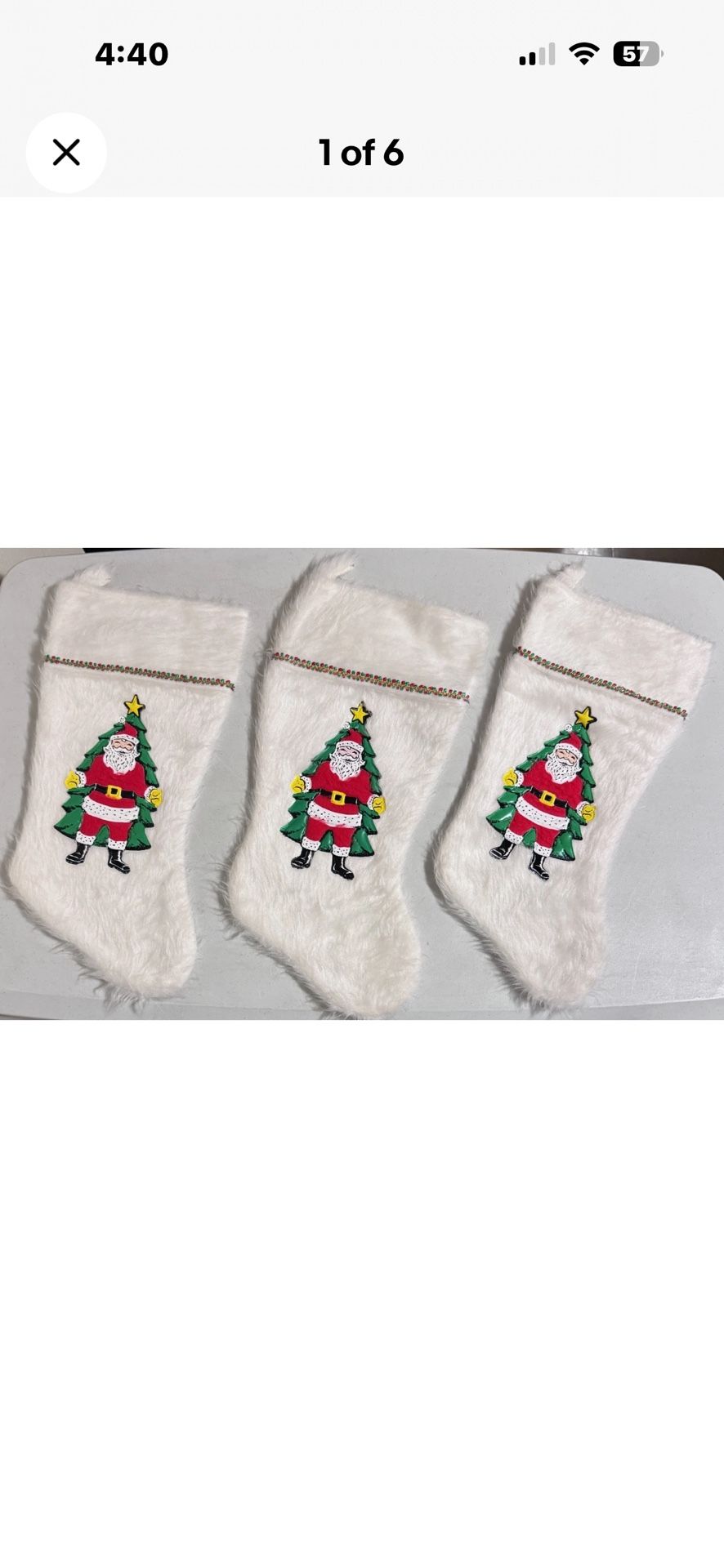 3 Vtg 1950s CHRISTMAS SANTA STOCKINGS White Fur w/Colorful 3-D LATEX Santa+Tree