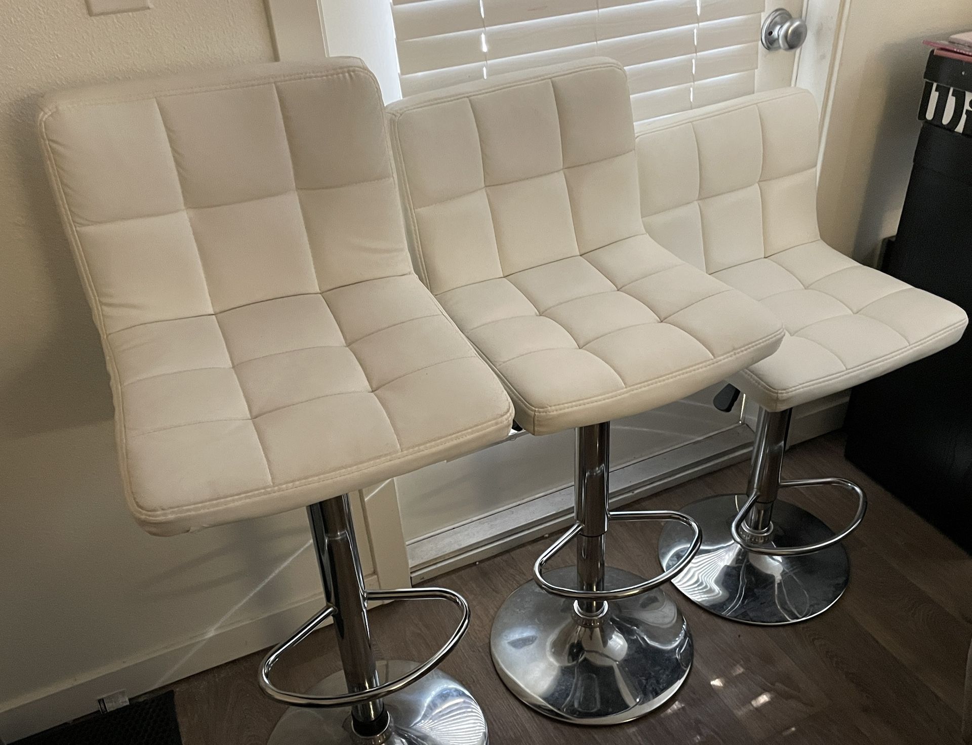 Set of 3 White Faux Leather Adjustable Bar Stools