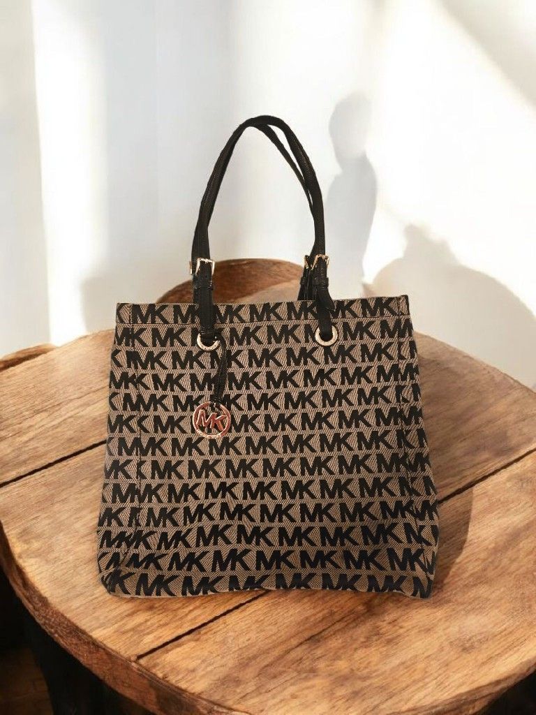 Michael Kors Authentic  Black and Tan Logo Tote 15x13" 