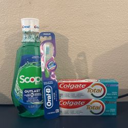 Oral Care Bundle Scope Mouthrinse, Oral B Toothbrush, (2)Colgate toothpaste
